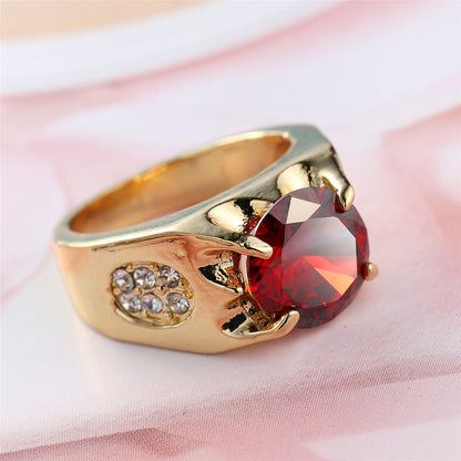 Red Crystal and 18K Gold-Plated Ring, gold statement rings for women, botanical inspired, front view