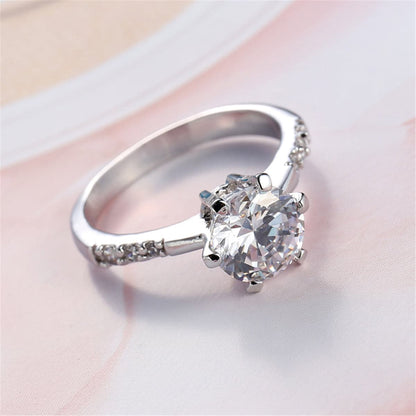 Crystal and Cubic Zirconia Silver-Plated Round-Cut Prong Ring, silver statement rings for women, detail close-up
