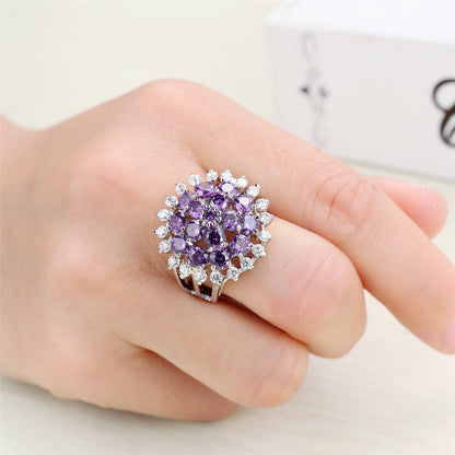 Purple Crystal and Cubic Zirconia Sunflower Ring, statement rings for women, elegant gift for her, front view