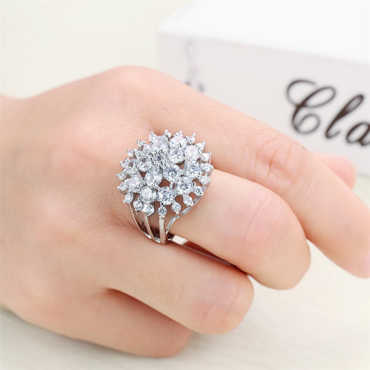 Crystal and Cubic Zirconia Sunflower Openwork Ring, statement rings for women, vintage-inspired design, front view