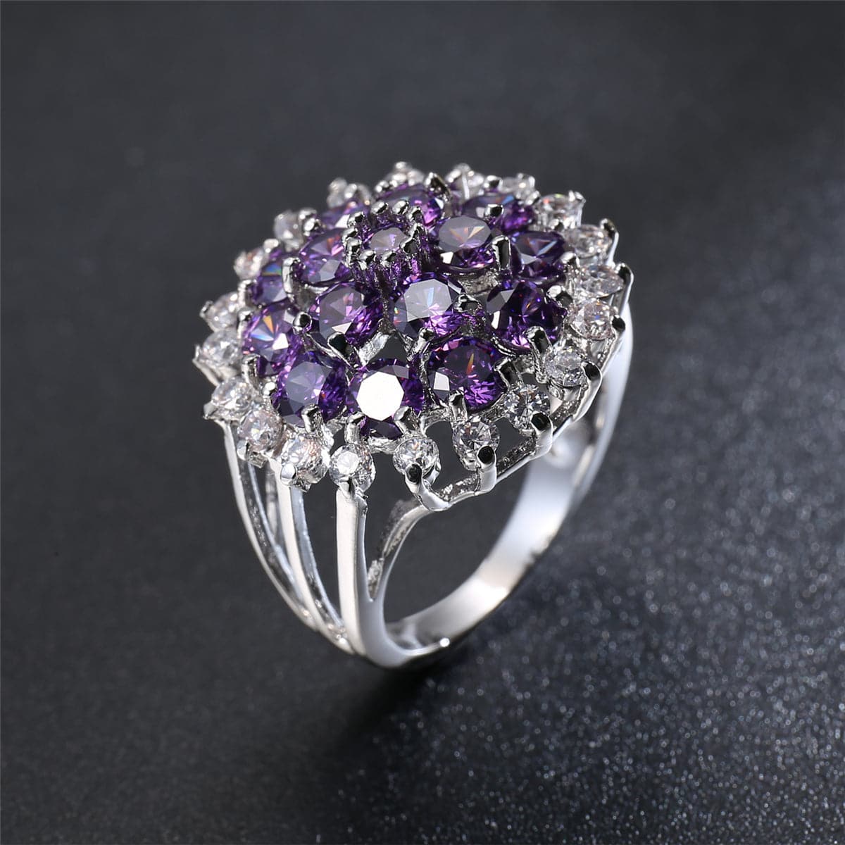 Purple Crystal and Cubic Zirconia Sunflower Ring, statement rings for women, elegant gift for her, detail close-up