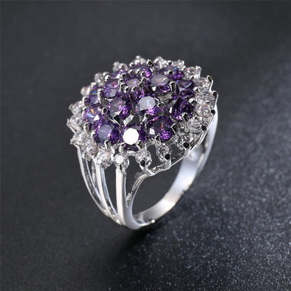 Purple Crystal and Cubic Zirconia Sunflower Ring, statement rings for women, elegant gift for her, detail close-up
