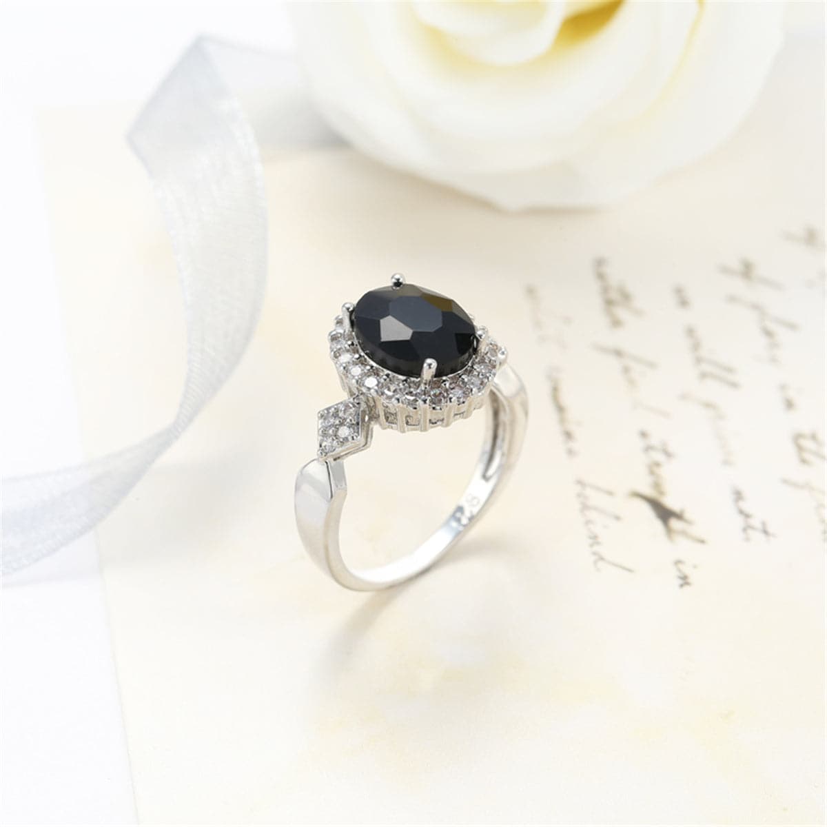 Black Crystal and Cubic Zirconia Oval-Cut Ring, statement rings for women, botanical inspired, side view