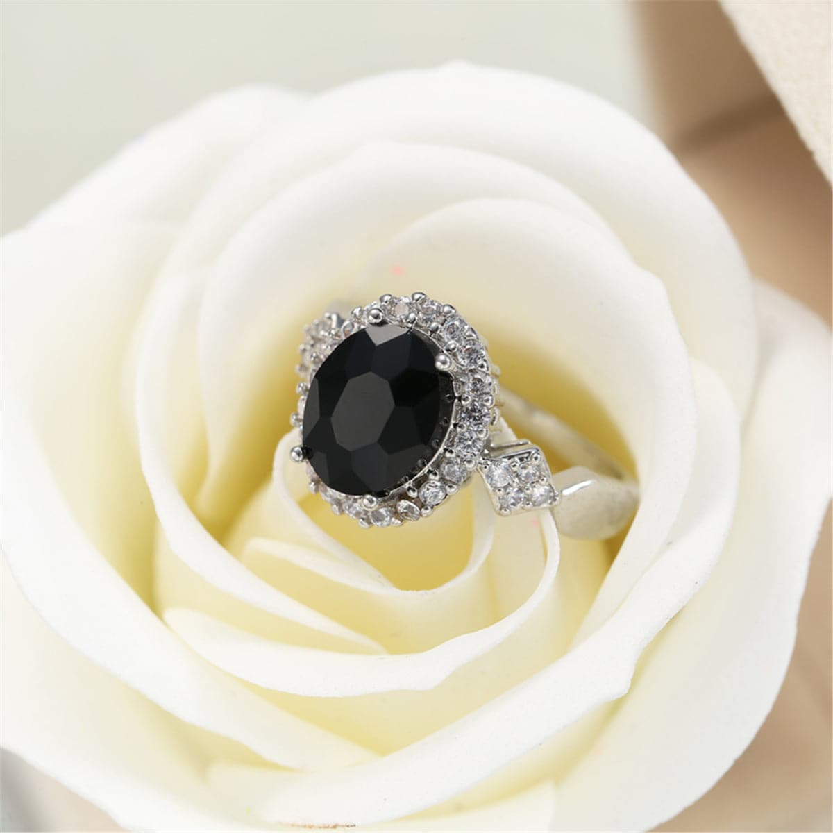 Black Crystal and Cubic Zirconia Oval-Cut Ring, statement rings for women, botanical inspired, lifestyle look