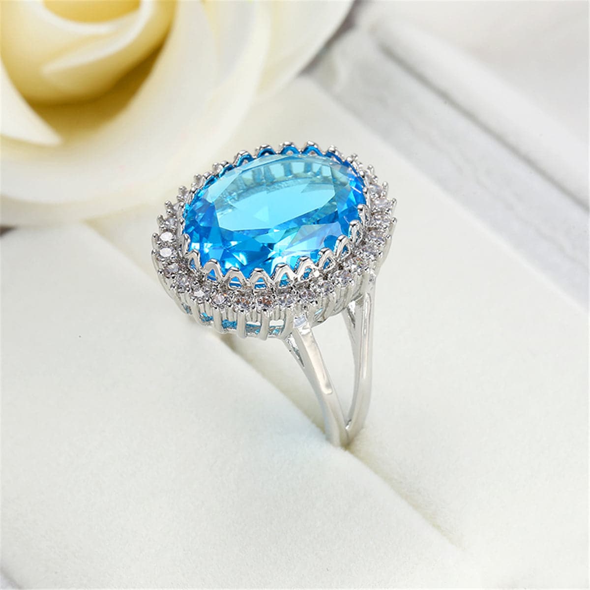 Sea Blue Crystal and Cubic Zirconia Oval-Cut Ring, statement rings for women, botanical inspired, lifestyle look