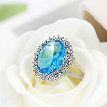 Sea Blue Crystal and Cubic Zirconia Oval-Cut Ring, statement rings for women, botanical inspired, styled look