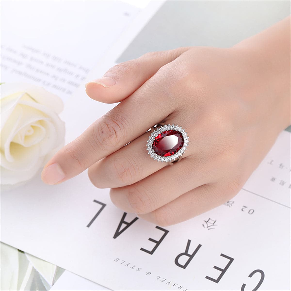 Red Cubic Zirconia & Crystal Burst Halo Oval Ring
