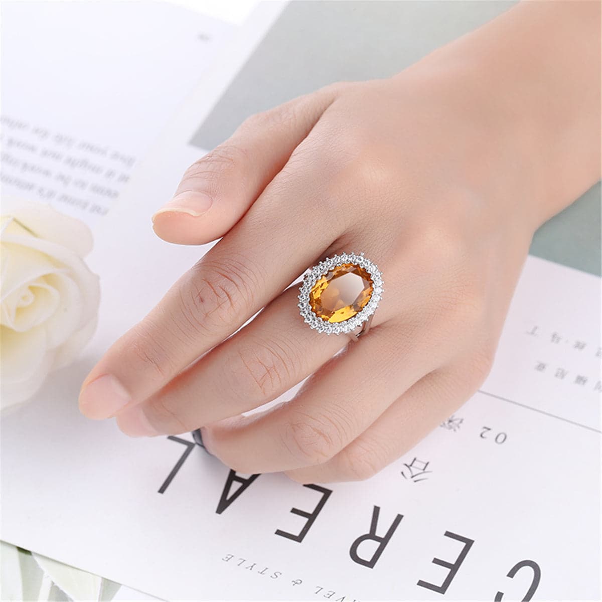 Champagne Cubic Zirconia & Crystal Burst Halo Oval Ring