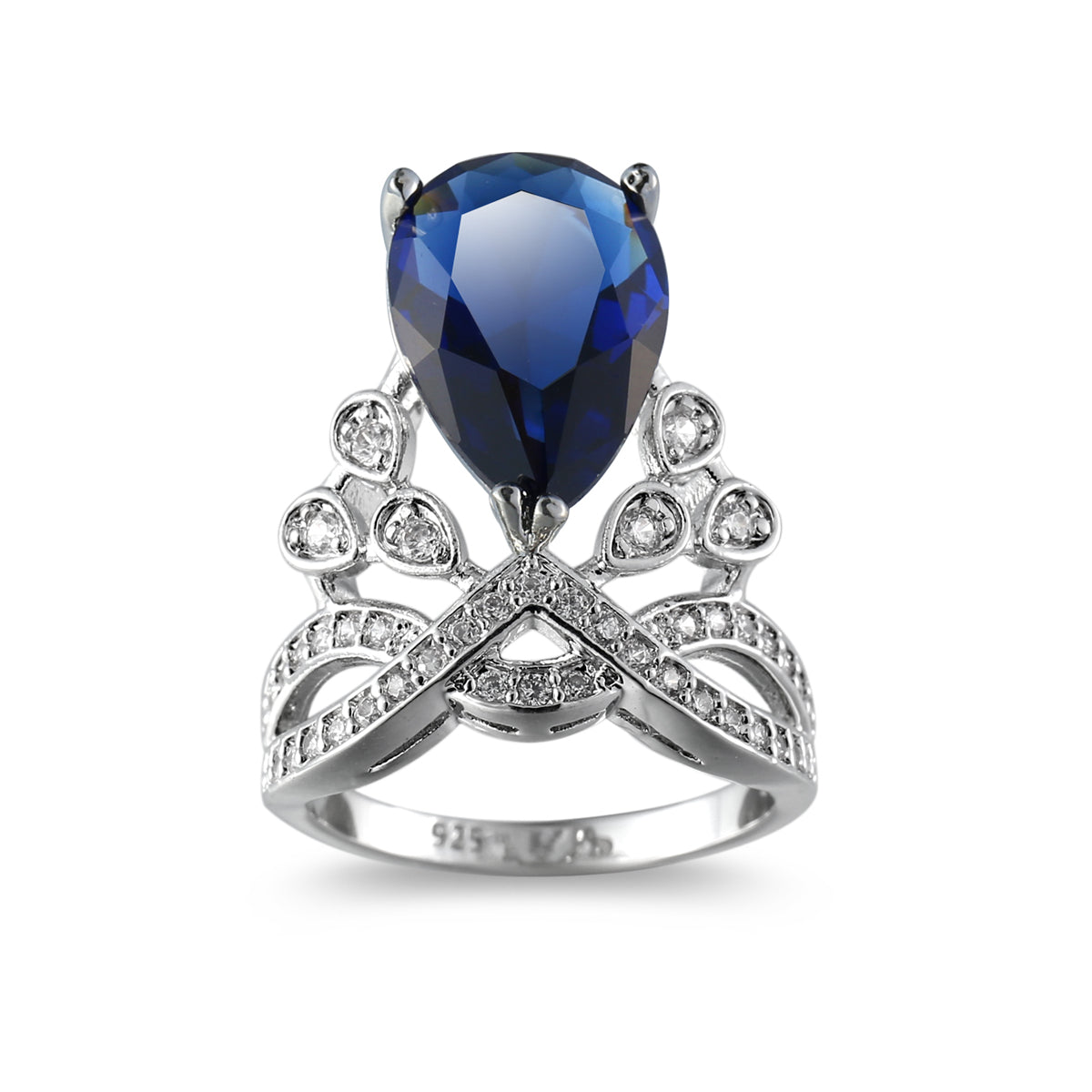 Navy Crystal and Cubic Zirconia Botanical Pear-Cut Ring, statement rings for women, vintage-inspired design, side view