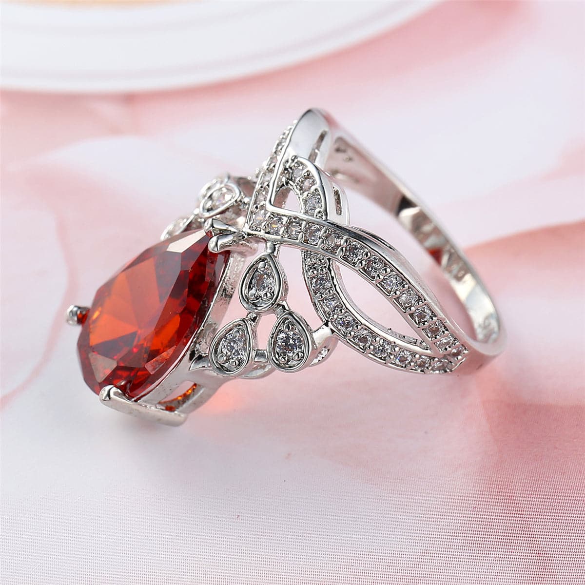 Red Crystal and Cubic Zirconia Botanical Pear-Cut Ring, statement rings for women, elegant gift for her, detail close-up