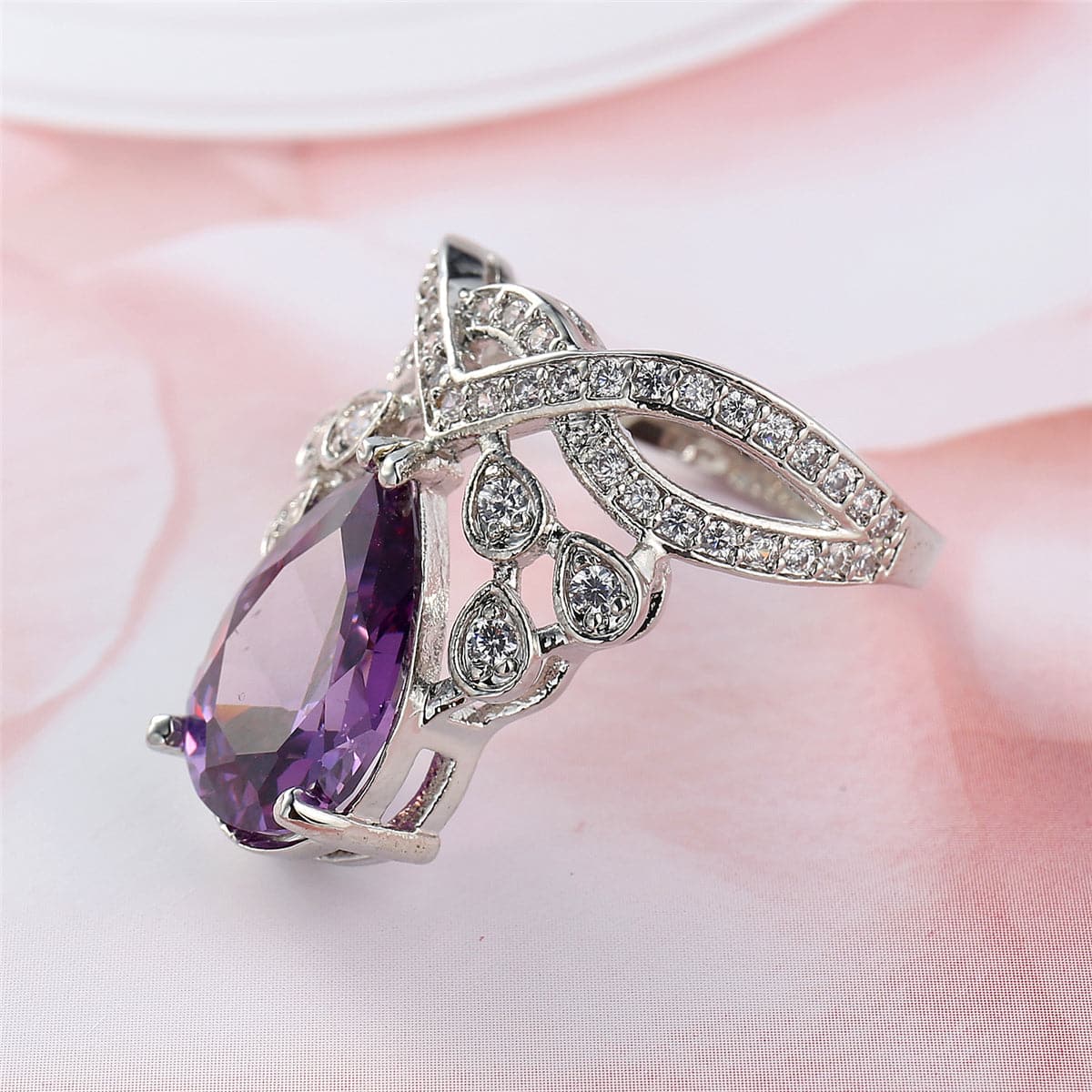 Purple Cubic Zirconia and Crystal Pear-Cut Statement Ring, statement rings for women, vintage-inspired design, side view