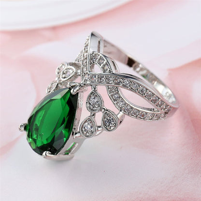 Green Crystal and Cubic Zirconia Botanical Pear-Cut Ring, statement rings for women, detail close-up
