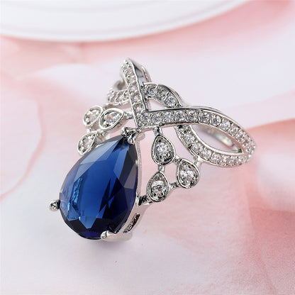 Navy Crystal and Cubic Zirconia Botanical Pear-Cut Ring, statement rings for women, vintage-inspired design, detail close-up