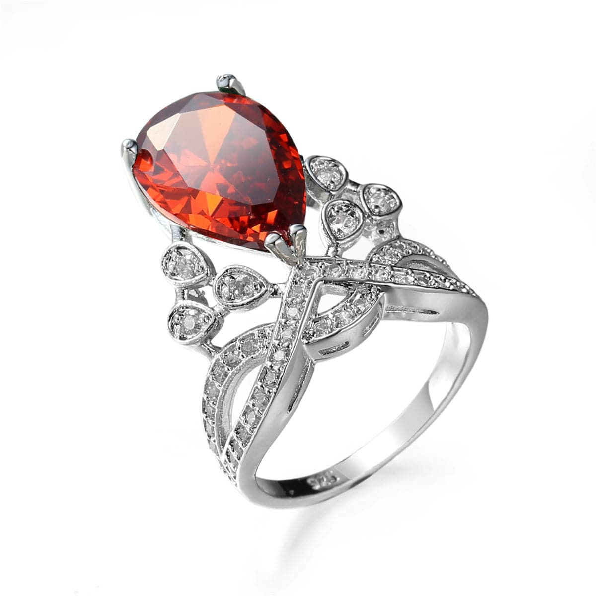 Red Crystal and Cubic Zirconia Botanical Pear-Cut Ring, statement rings for women, elegant gift for her, side view