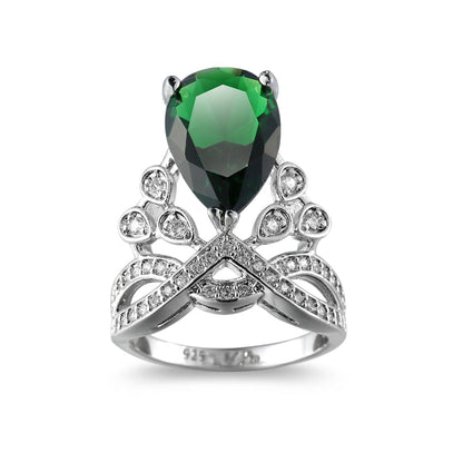 Green Crystal and Cubic Zirconia Botanical Pear-Cut Ring, statement rings for women, dainty minimalist design, side view