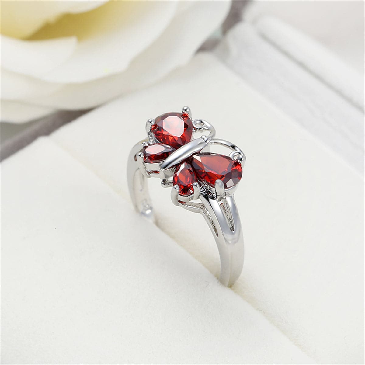 Red Crystal and Silver-Plated Butterfly Ring, silver statement rings for women, elegant gift for her, lifestyle look