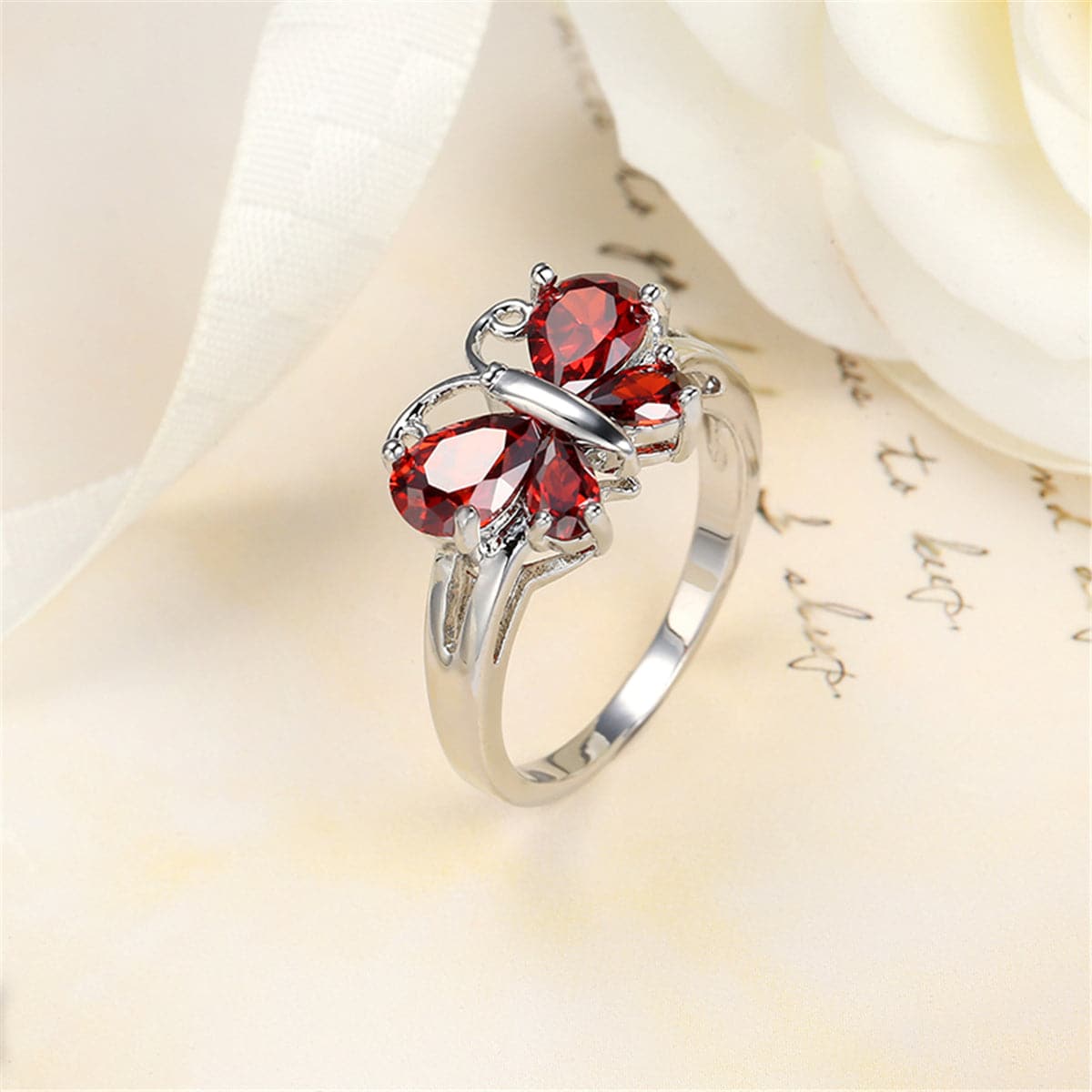 Red Crystal and Silver-Plated Butterfly Ring, silver statement rings for women, elegant gift for her, front view