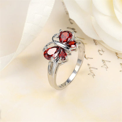 Red Crystal and Silver-Plated Butterfly Ring, silver statement rings for women, elegant gift for her, front view
