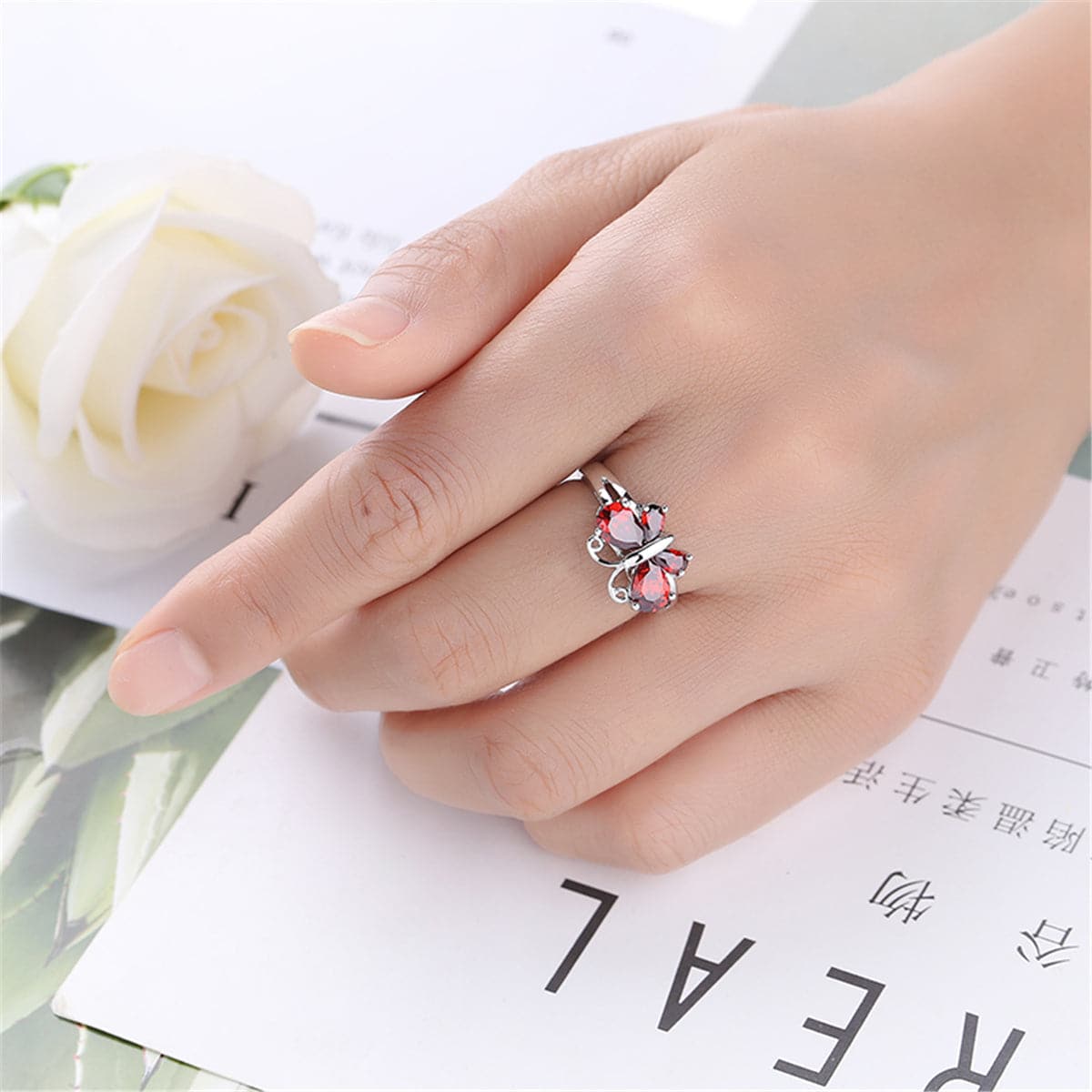 Red Crystal and Silver-Plated Butterfly Ring, silver statement rings for women, elegant gift for her, side view