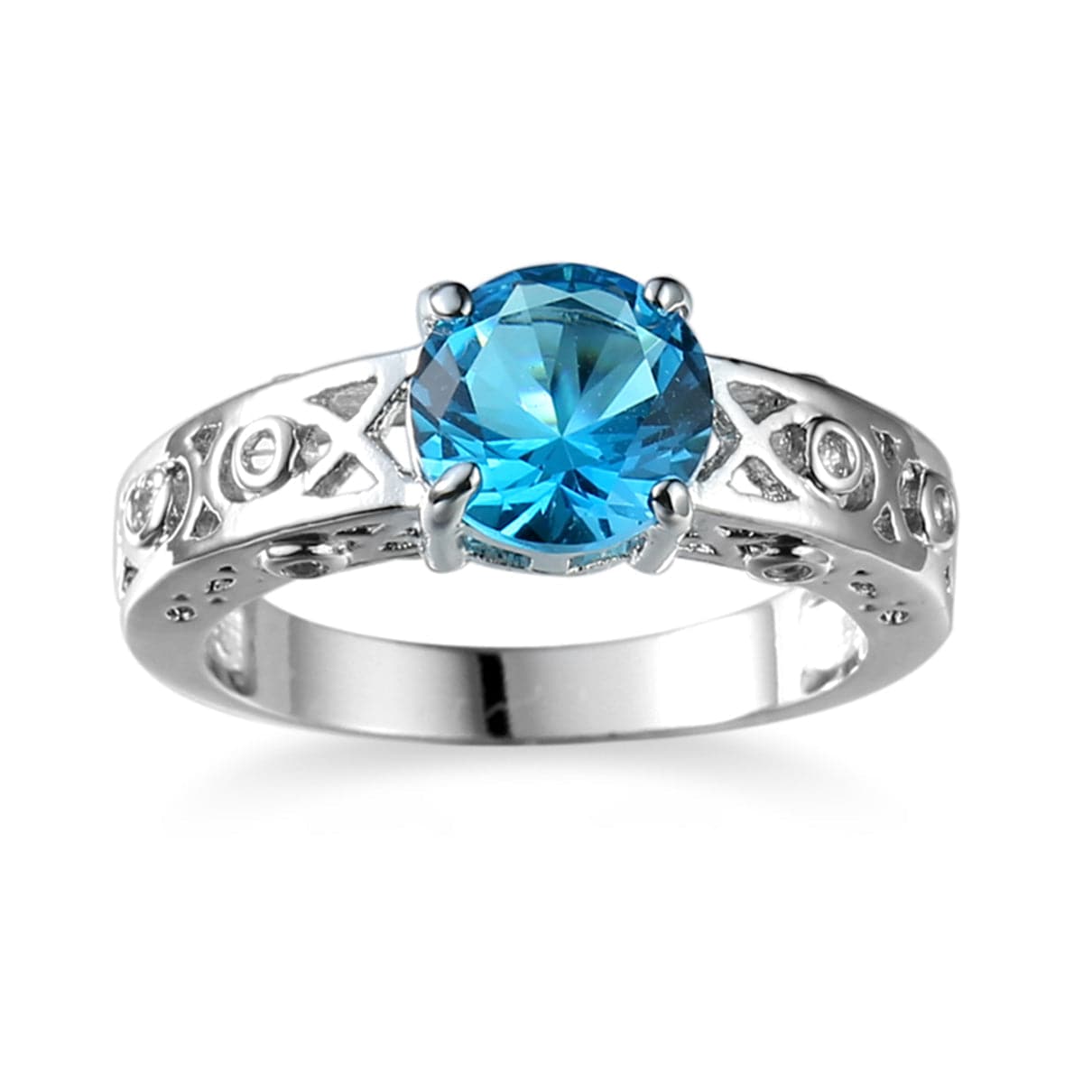 Sea Blue Crystal and Silver-Plated Filigree Cocktail Ring, silver statement rings for women, detail close-up