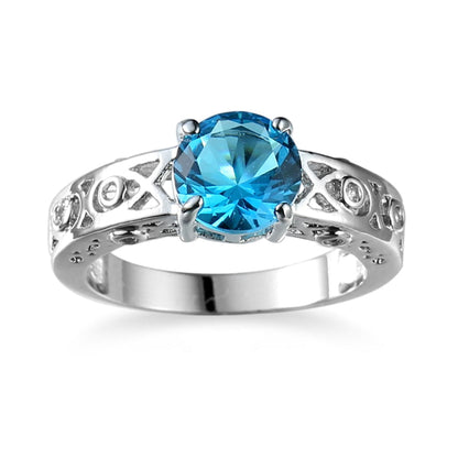 Sea Blue Crystal and Silver-Plated Filigree Cocktail Ring, silver statement rings for women, detail close-up