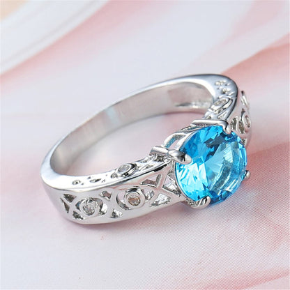 Sea Blue Crystal and Silver-Plated Filigree Cocktail Ring, silver statement rings for women, botanical inspired, side view