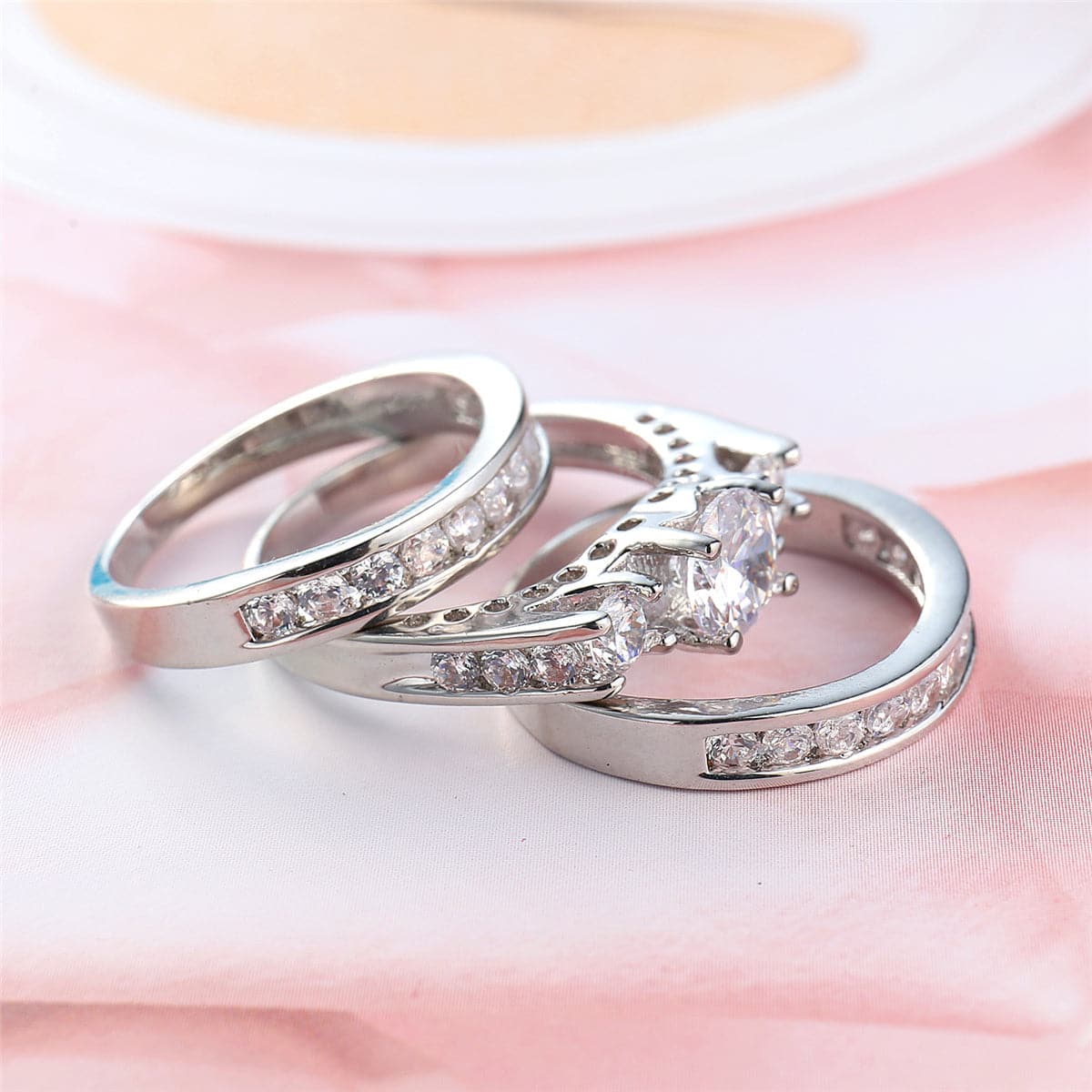 Cubic Zirconia and Silver-Plated Cocktail Ring Set, jewelry gift sets for women, dainty minimalist design, detail close-up