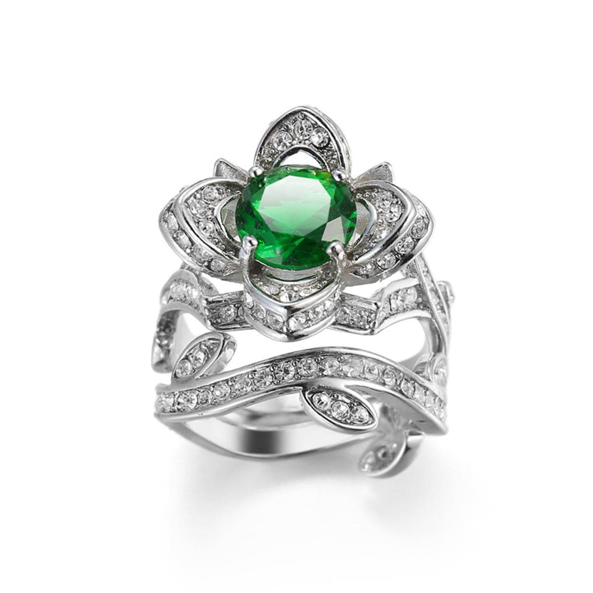 Green Crystal & Cubic Zirconia Flower Ring Set