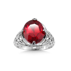 Red Crystal & Silver-Plated Filigree Ring