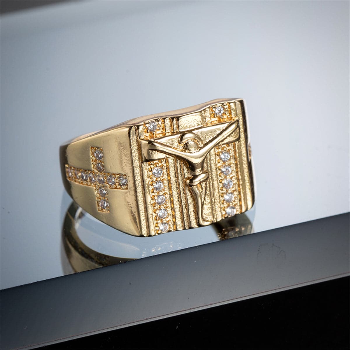 Cubic Zirconia & 18K Gold-Plated Cross Ring