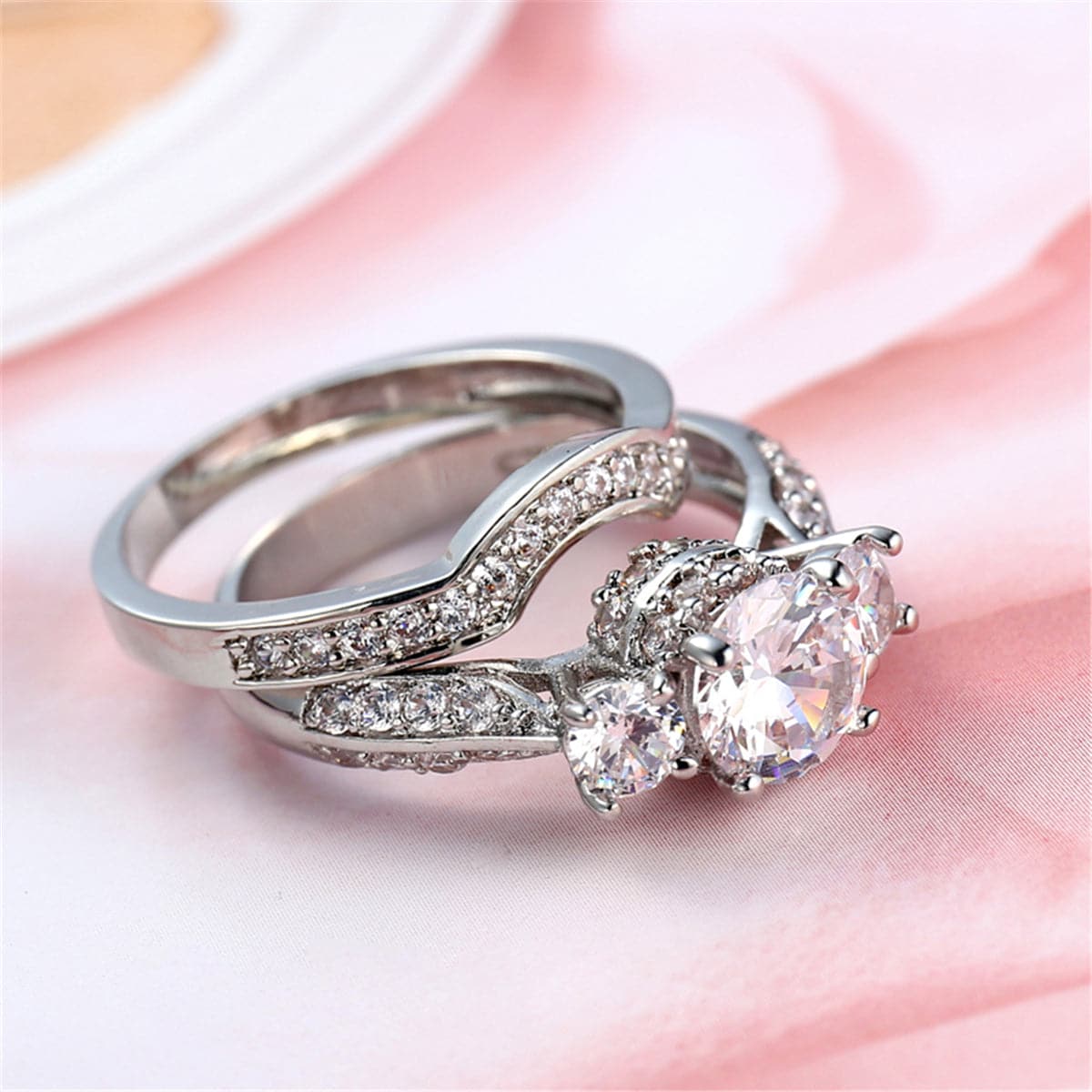 Crystal and Silver-Plated Botany Ring Set, jewelry gift sets for women, botanical inspired, detail close-up