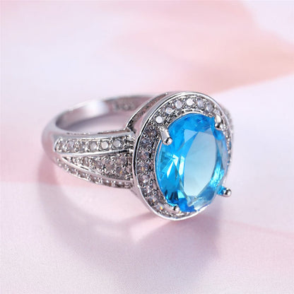 Sea Blue Crystal and Cubic Zirconia Silver-Plated Oval-Cut Ring, silver statement rings for women, lifestyle look