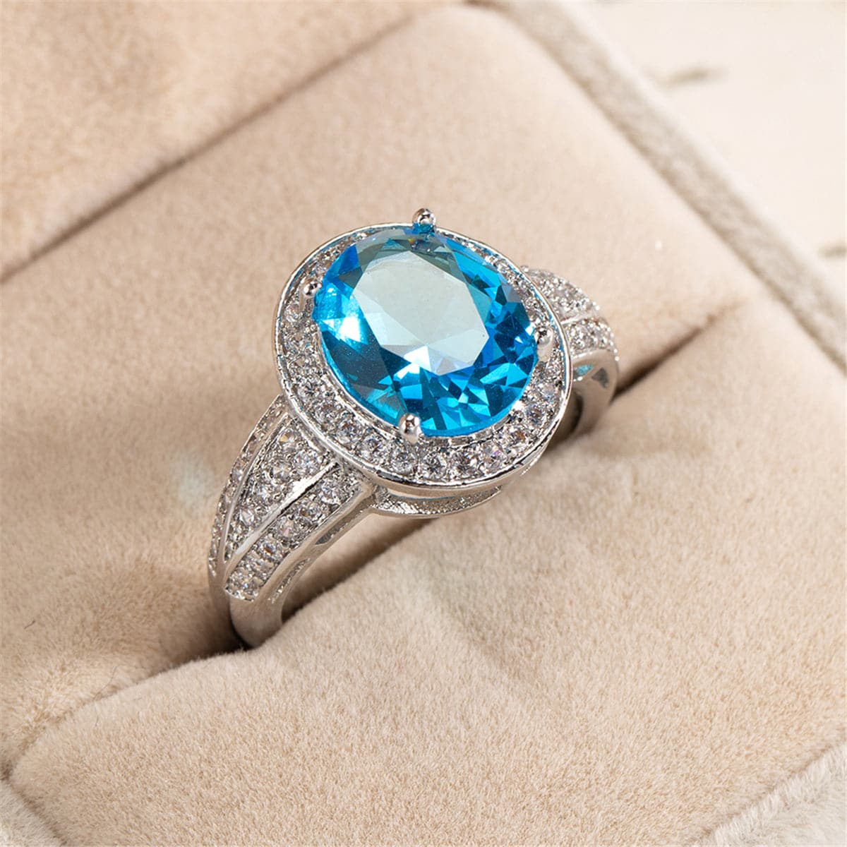 Sea Blue Crystal and Cubic Zirconia Silver-Plated Oval-Cut Ring, silver statement rings for women, styled look