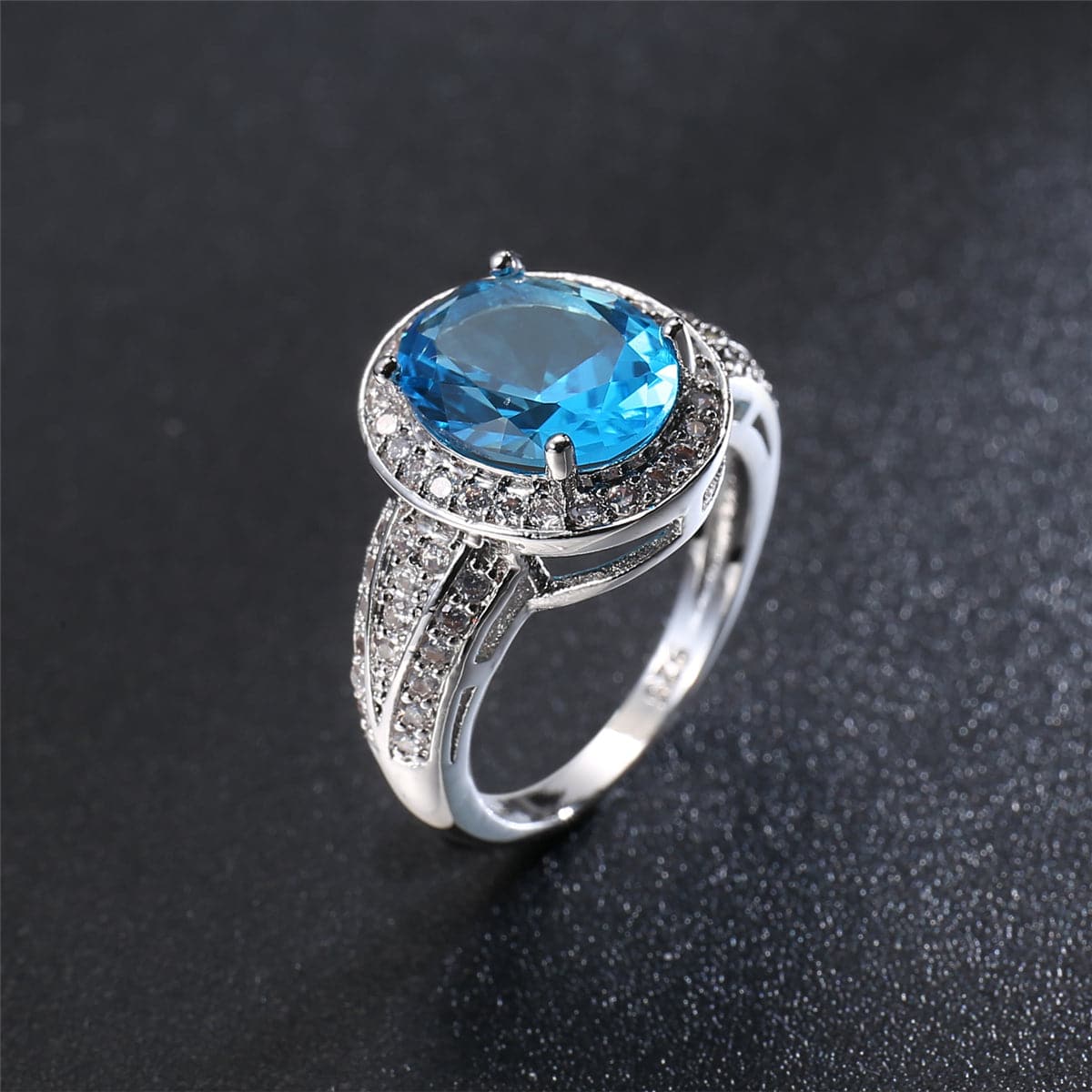 Sea Blue Crystal and Cubic Zirconia Silver-Plated Oval-Cut Ring, silver statement rings for women, side view