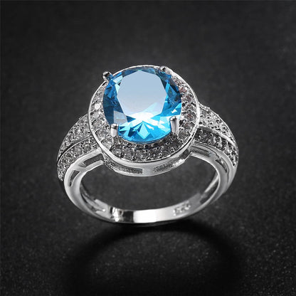 Sea Blue Crystal and Cubic Zirconia Silver-Plated Oval-Cut Ring, silver statement rings for women, detail close-up