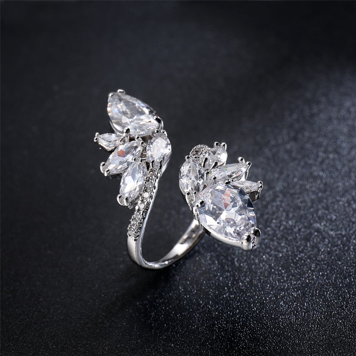 Crystal and Cubic Zirconia Silver-Plated Botany Marquise-Cut Open Ring, silver statement rings for women, side view
