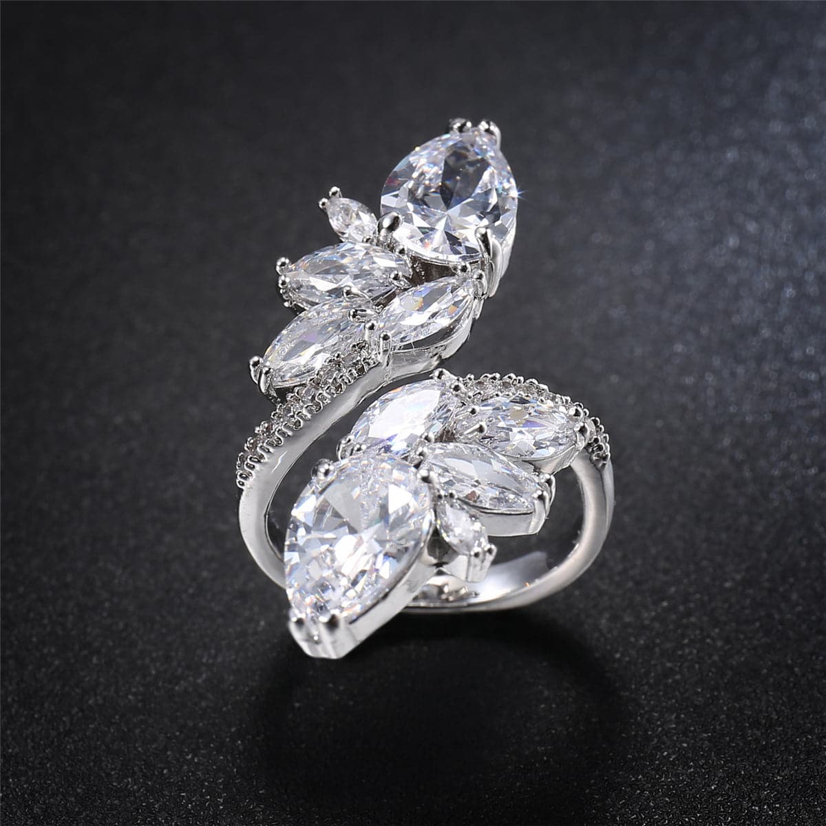 Crystal and Cubic Zirconia Silver-Plated Botany Marquise-Cut Open Ring, silver statement rings for women, detail close-up