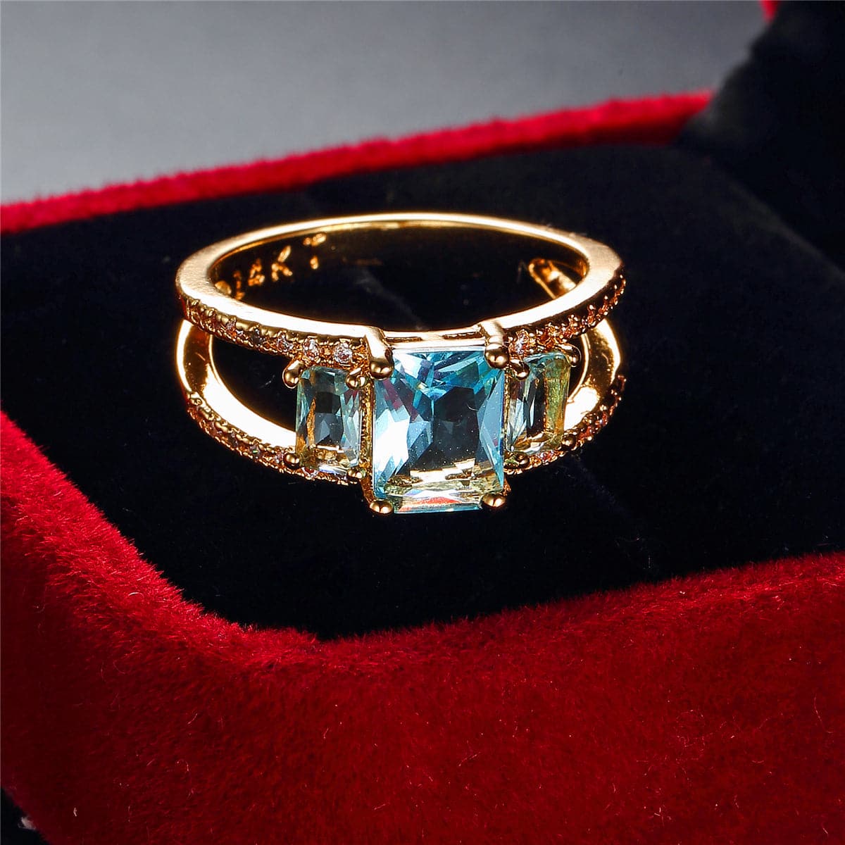 Sea Blue Crystal & Gold-Plated Double-Band Ring