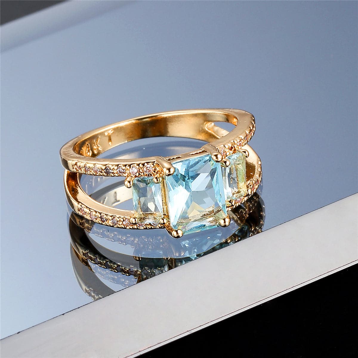 Sea Blue Crystal & Gold-Plated Double-Band Ring
