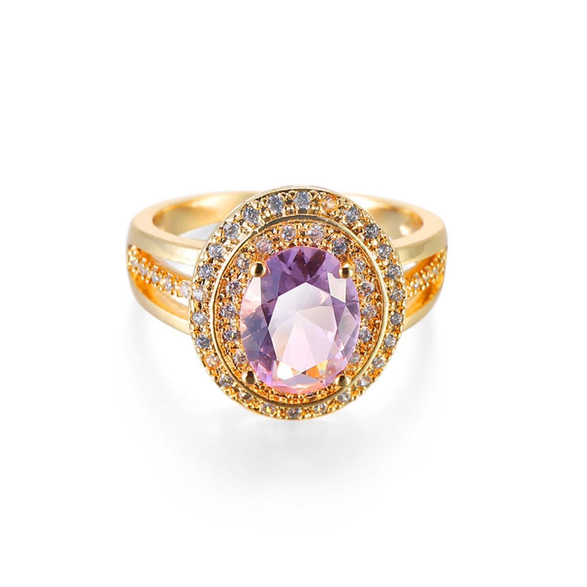 Pink Crystal and Cubic Zirconia Halo Ring, jewelry gift sets for women, dainty minimalist design, side view
