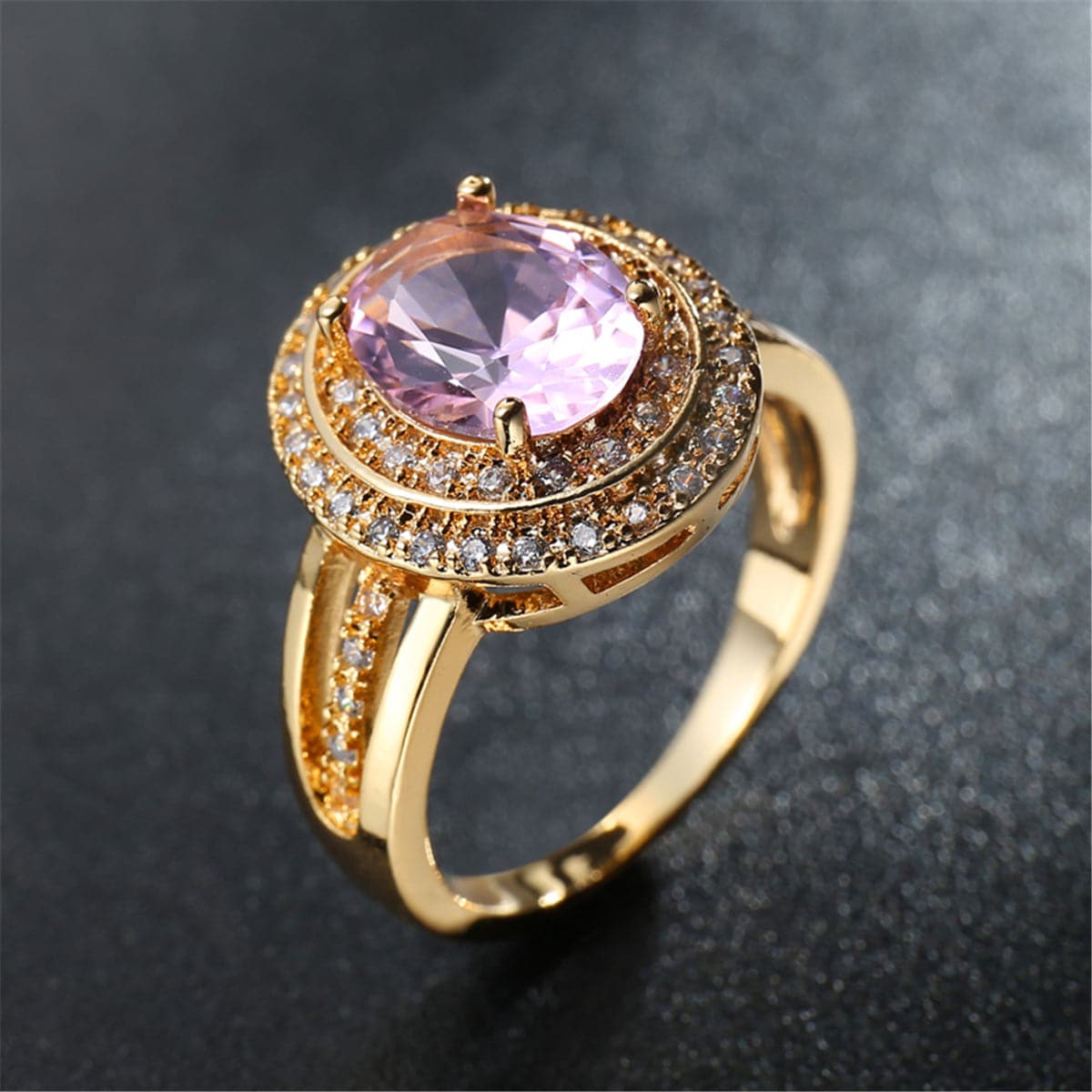 Pink Crystal and Cubic Zirconia Halo Ring, jewelry gift sets for women, dainty minimalist design, detail close-up