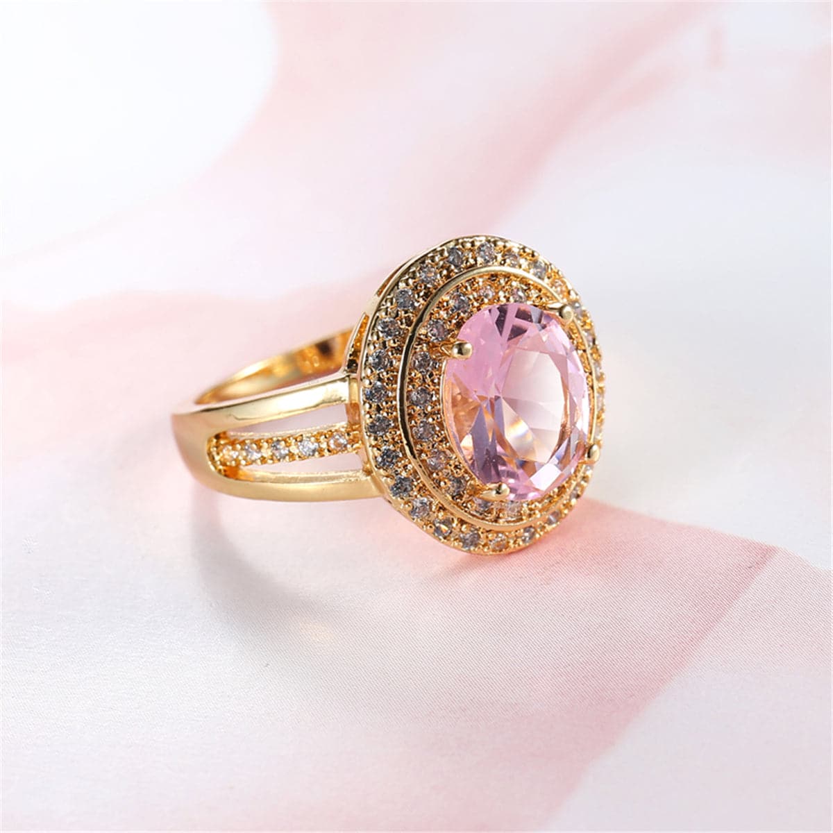 Pink Crystal and Cubic Zirconia Halo Ring, jewelry gift sets for women, dainty minimalist design, lifestyle look