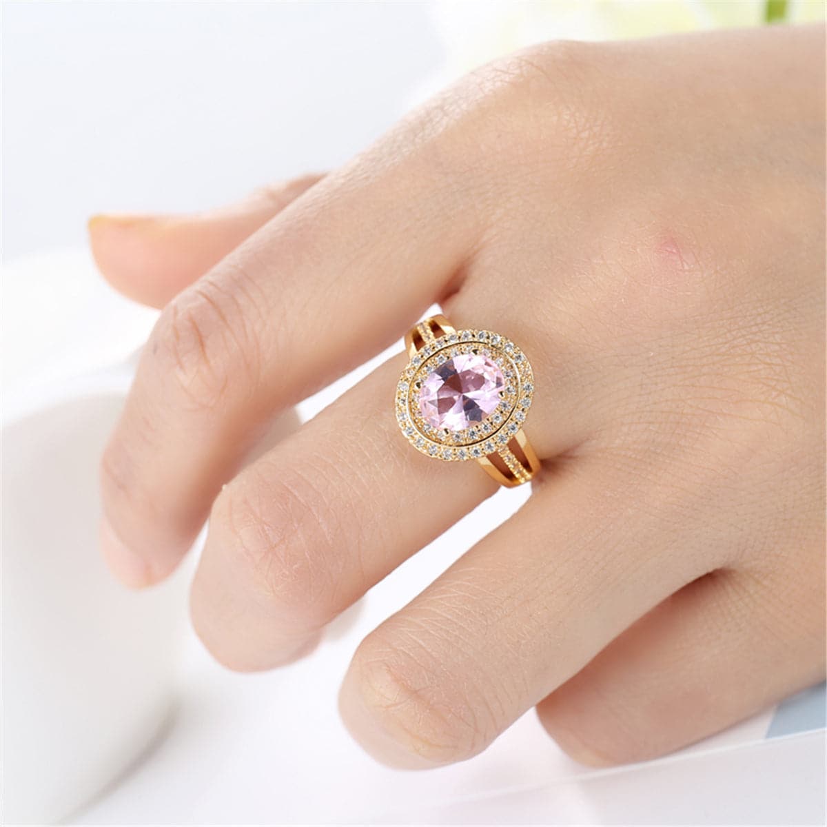 Pink Crystal and Cubic Zirconia Halo Ring, jewelry gift sets for women, dainty minimalist design, styled look