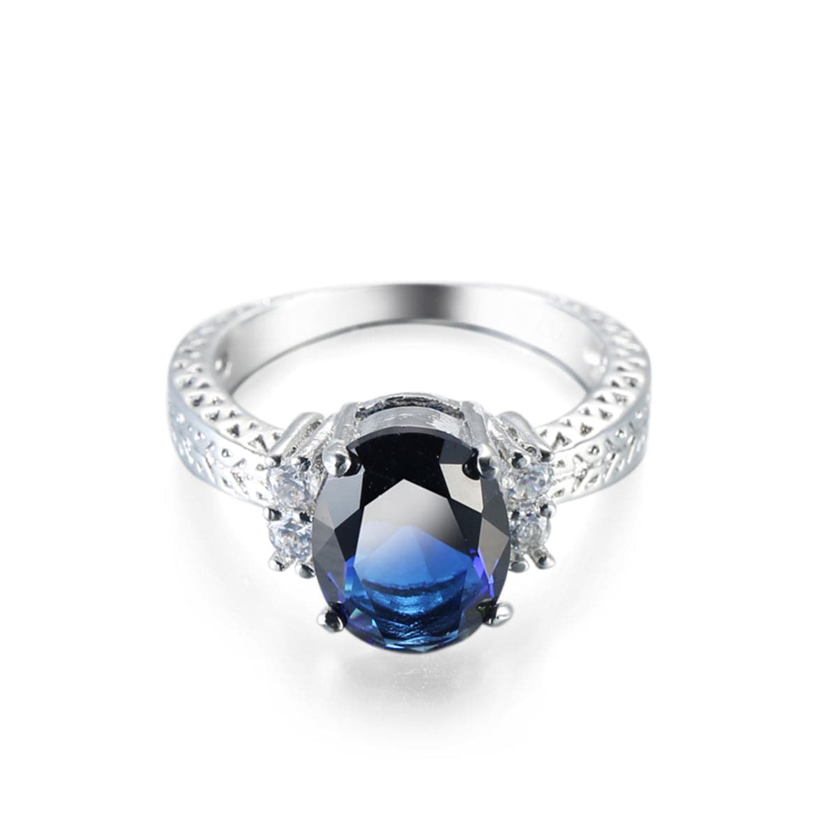 Navy Crystal and Cubic Zirconia Oval-Cut Flush-Band Ring, statement rings for women, botanical inspired, detail close-up