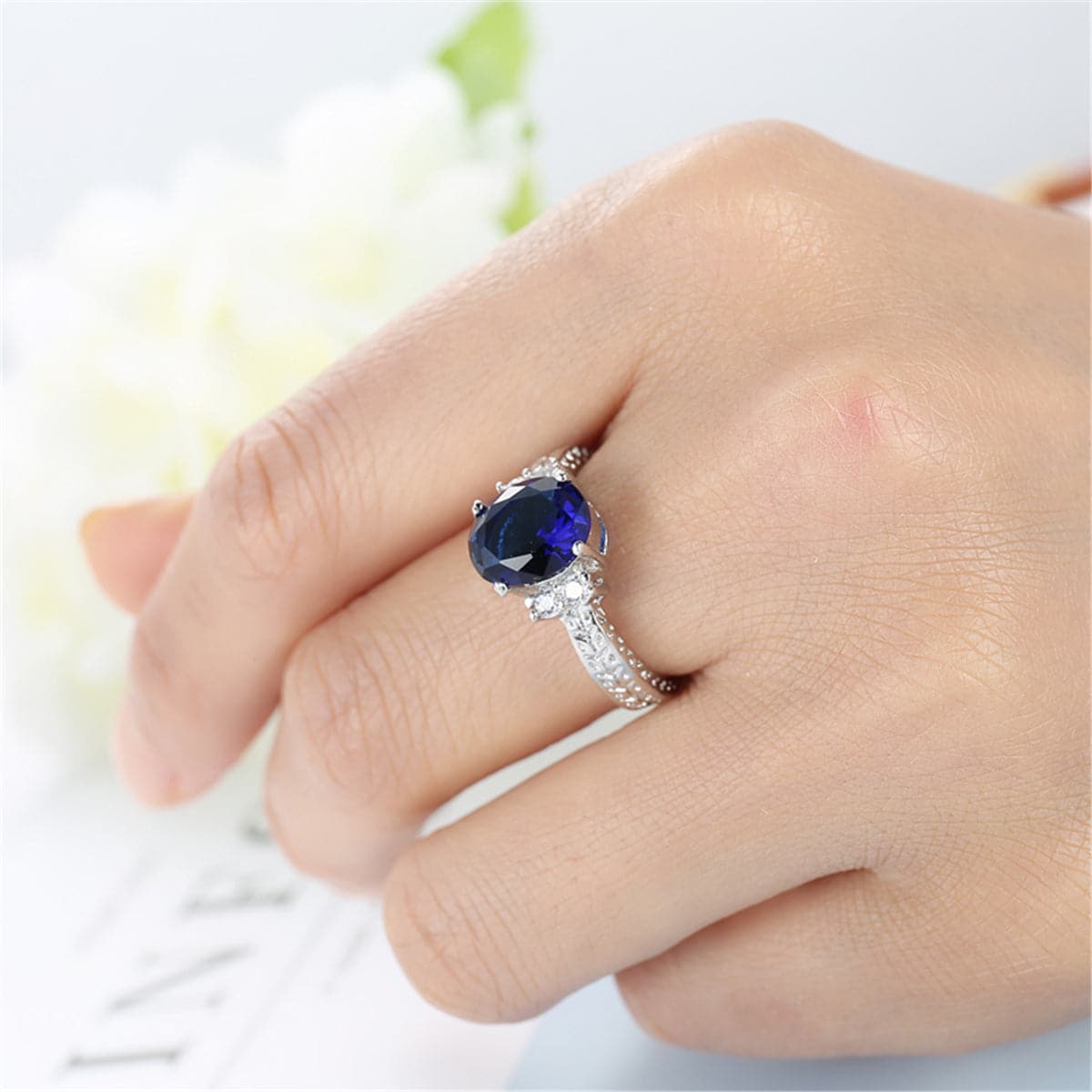 Navy Crystal & Cubic Zirconia Oval-Cut Flush-Band Ring