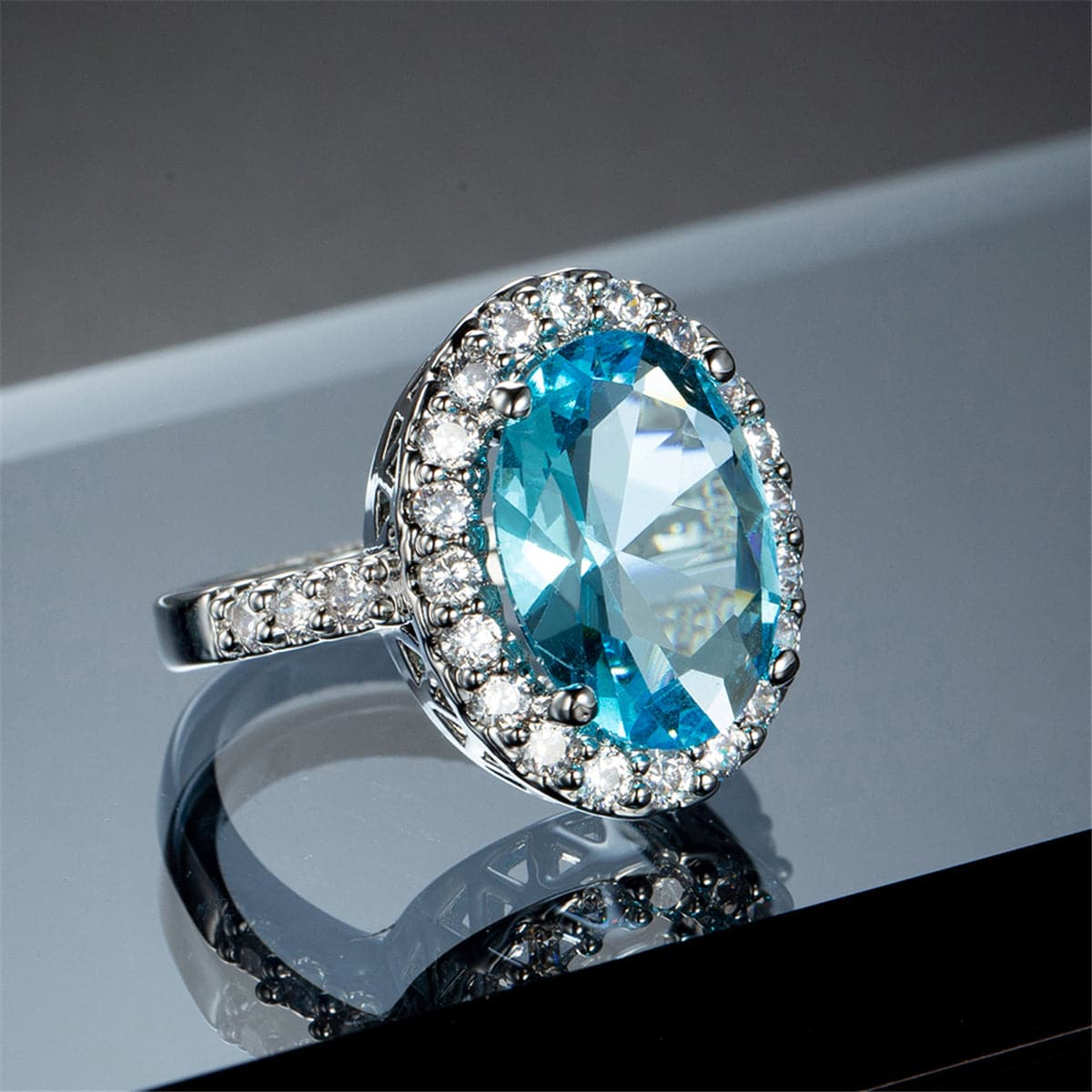 Sea Blue Crystal and Cubic Zirconia Oval-Cut Halo Ring, statement rings for women, elegant gift for her, lifestyle look