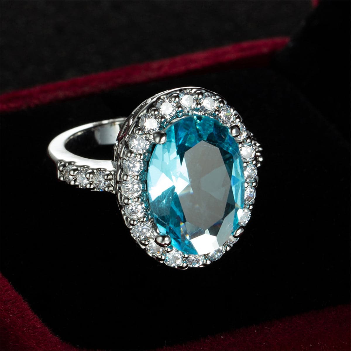 Sea Blue Crystal and Cubic Zirconia Oval-Cut Halo Ring, statement rings for women, elegant gift for her, styled look
