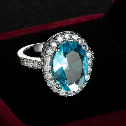 Sea Blue Crystal and Cubic Zirconia Oval-Cut Halo Ring, statement rings for women, elegant gift for her, styled look