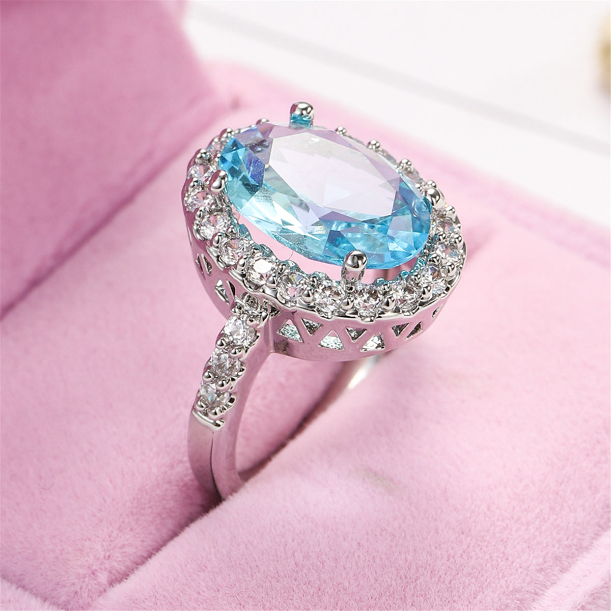 Sea Blue Crystal and Cubic Zirconia Oval-Cut Halo Ring, statement rings for women, elegant gift for her, front view