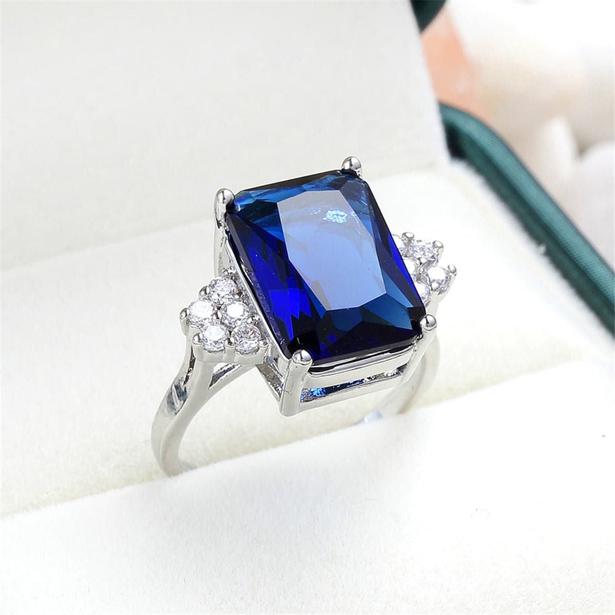 Navy Cubic Zirconia and Silver-Plated Emerald-Cut Ring, silver statement rings for women, botanical inspired, lifestyle look